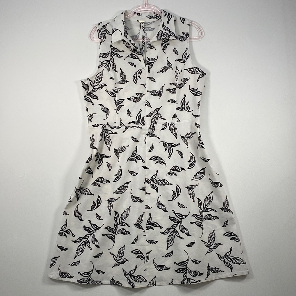T Tahari Linen Blend Fit & Flare Sleeveless Dress Women's M Leaf Print White